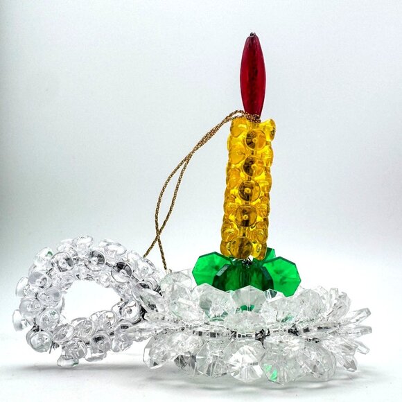 Handmade Christmas Candle Wreath Ornaments Plastic Bead Red Green White 3 Pc Vtg - Picture 7 of 10